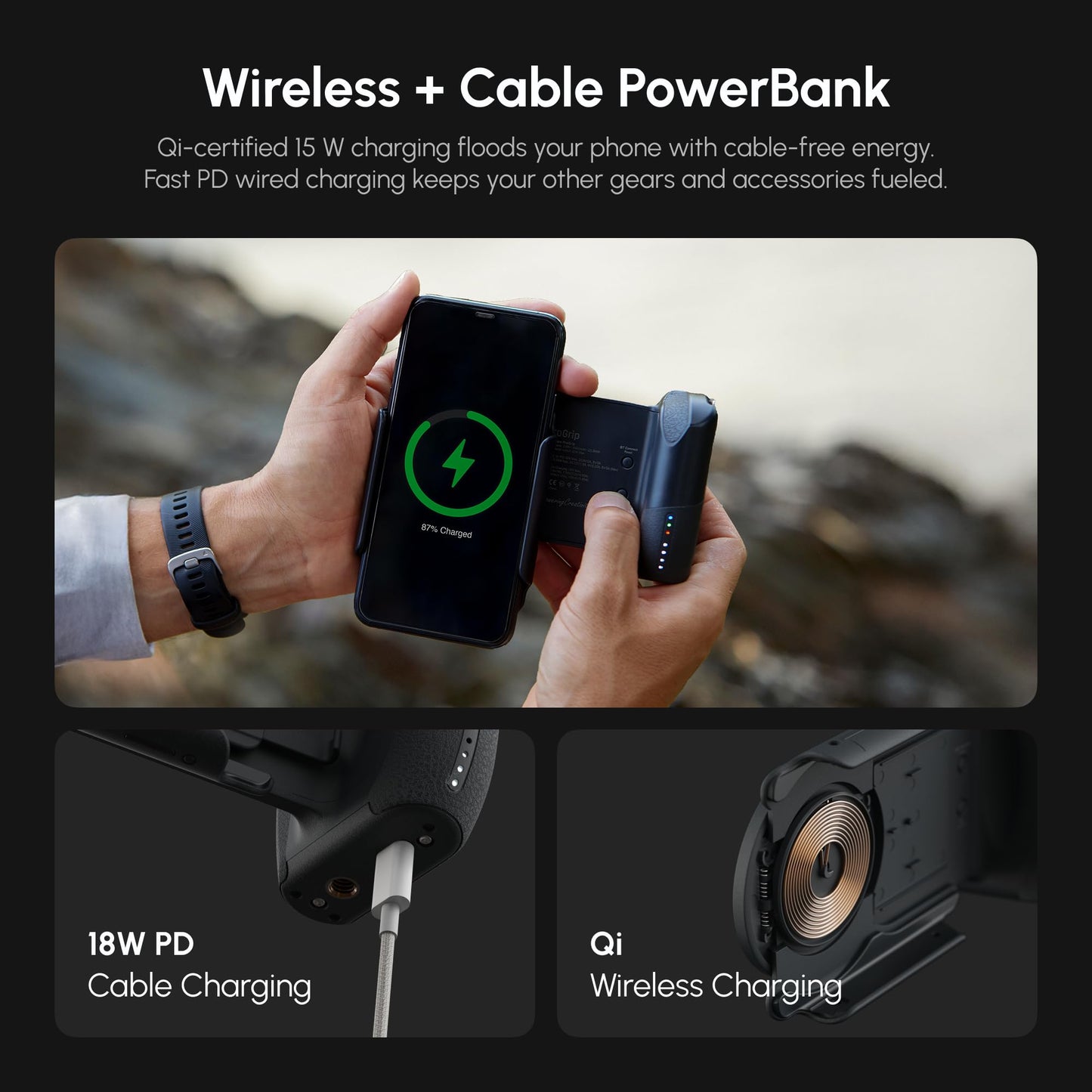 ProGrip Mobile Battery Grip, DSLR-Style Phone Camera Grip with Built-in Powerbank of Qi Charging, Ergonomic Handle with Wireless Shutter Button, Phone