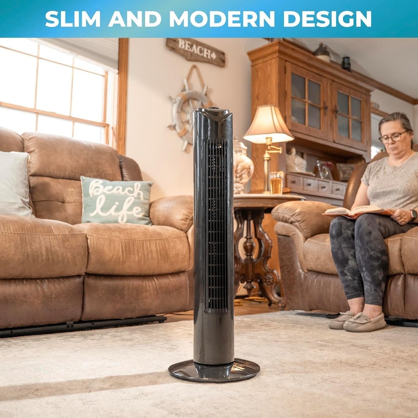 EZ-CHILL 32" 3-Speed Oscillating Portable Tower Fan, 90 Degree Oscillation, Portable Built-in Carry Handle, Quiet Operation, MTTF-32