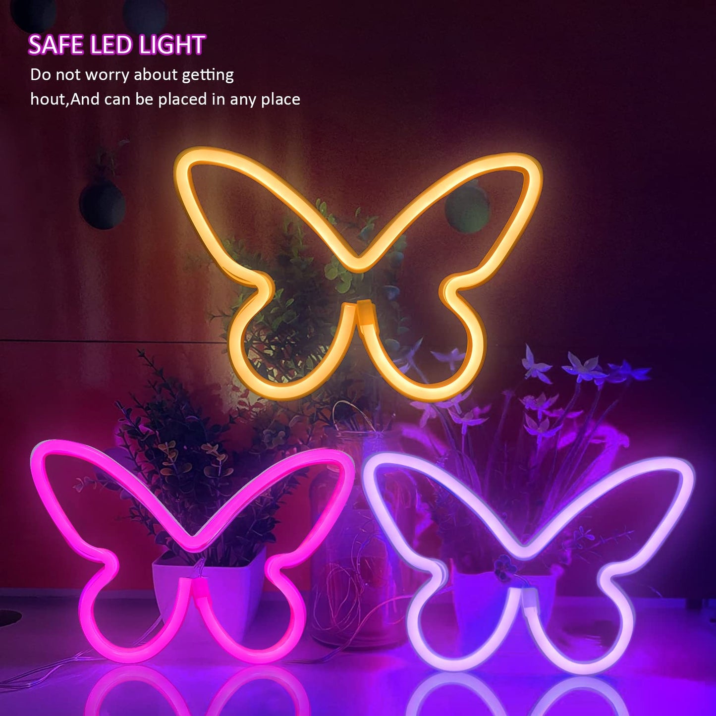 BRIGHTDECK 3 Pcs Butterfly Neon Signs, Neon Light for Bedroom, USB or 3-AA Battery Powered LED Wall Décor for Valentines Day Birthday Gift, Wedding