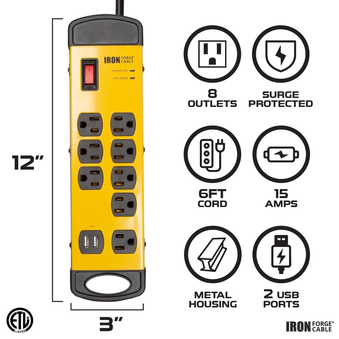 Iron Forge Cable 8 Outlet Heavy Duty Surge Protector Power Strip with Built-in Circuit Breaker, 14/3 SJT Black & Yellow with 6 ft Extension Cord