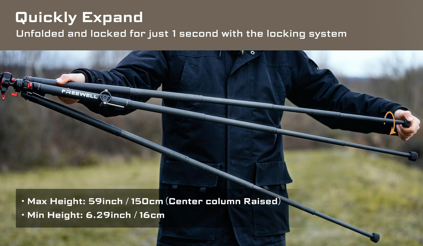 Freewell Carbon Fiber Travel Tripod 59.1" Lightweight 1.98lbs Photo/Video 360°Ball Head (Max Load 5kg/11 lbs), Monopod, Quick-Release Plate, for DSLR