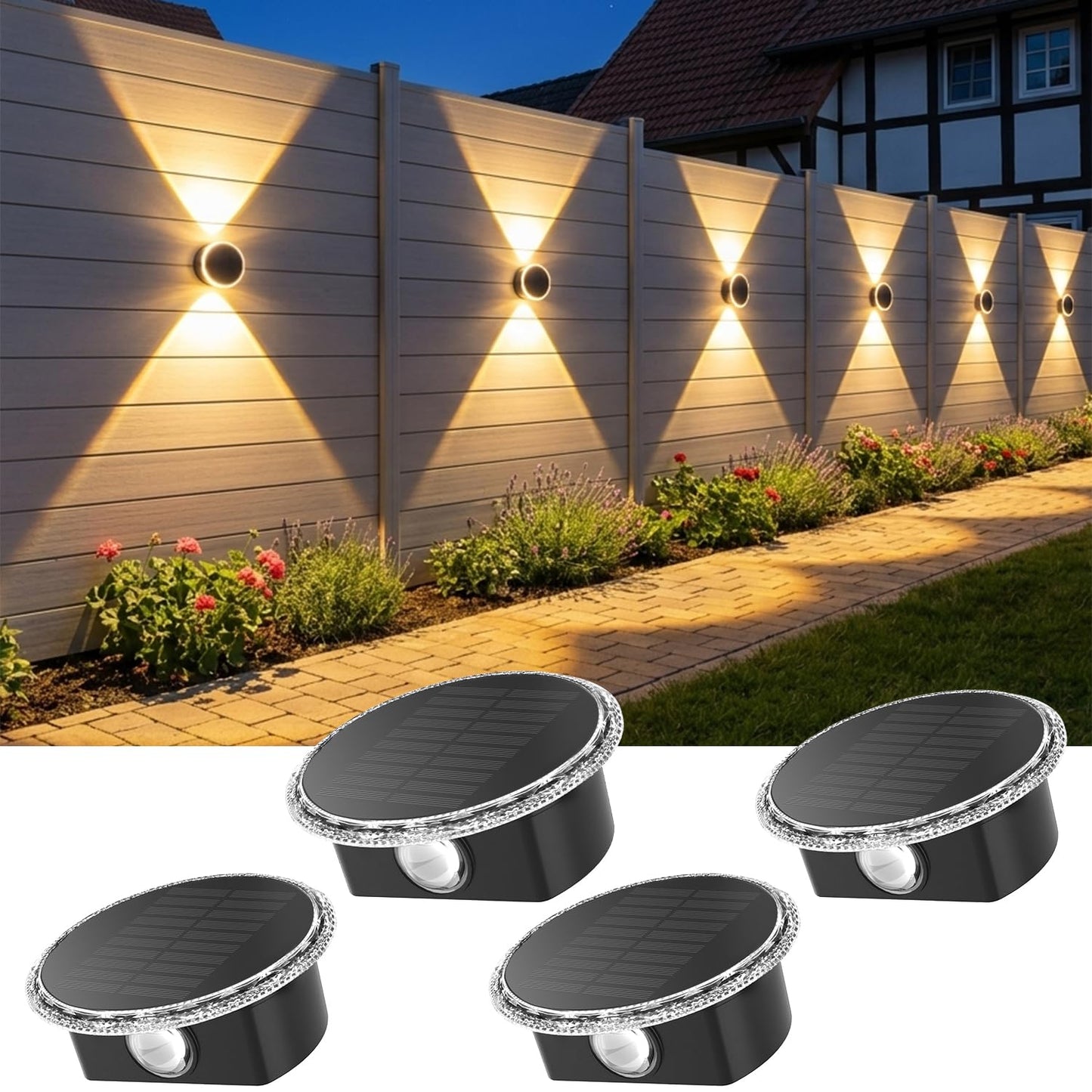 Ellasay Fence Solar Lights: 360° Circular Lighting Solar Powered Wall Lights 12 Hours Long Runtime Up and Down Waterproof IP65 & 3 Modes High