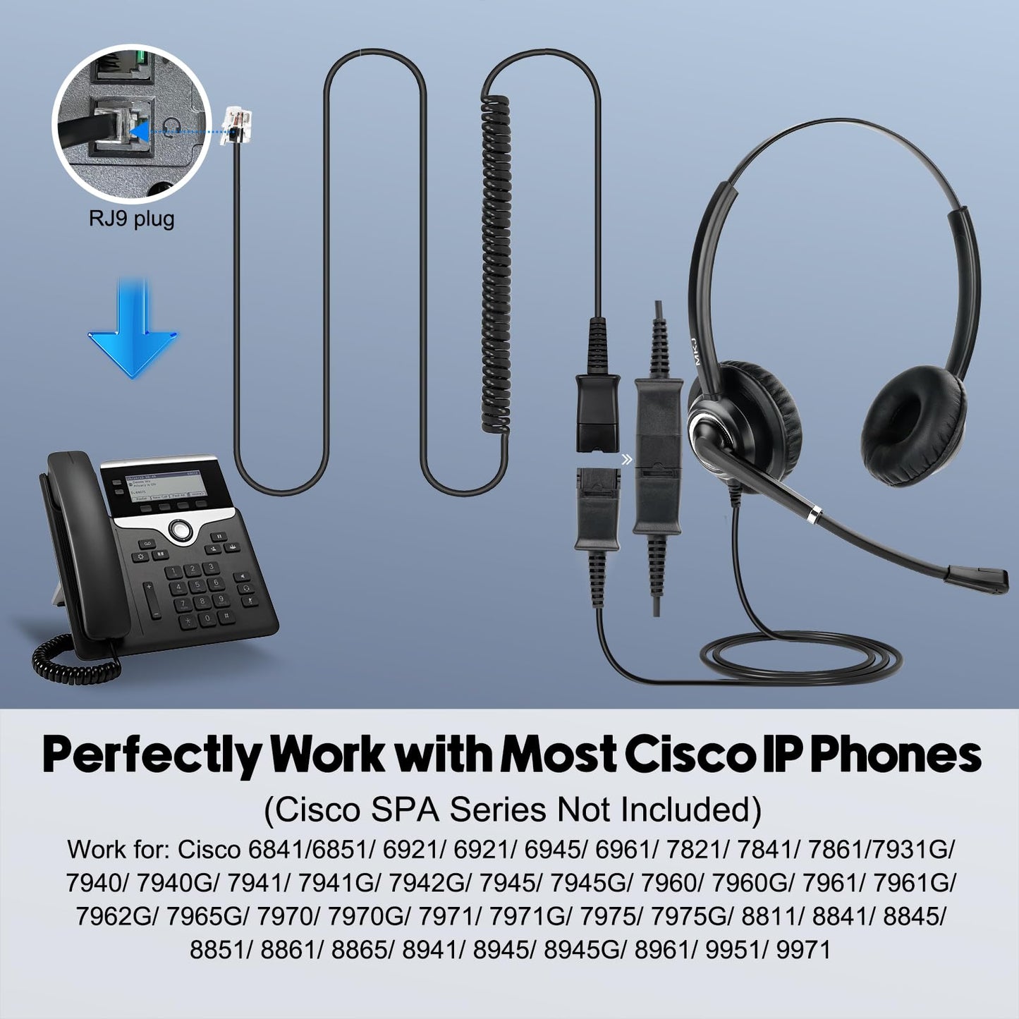 MKJ Telephone Headset with Microphone Noise Canceling Corded RJ9 Dual Ear Cisco Headset for Cisco Landline Phone CP-7821 CP-7841 7931G 7940 7942G