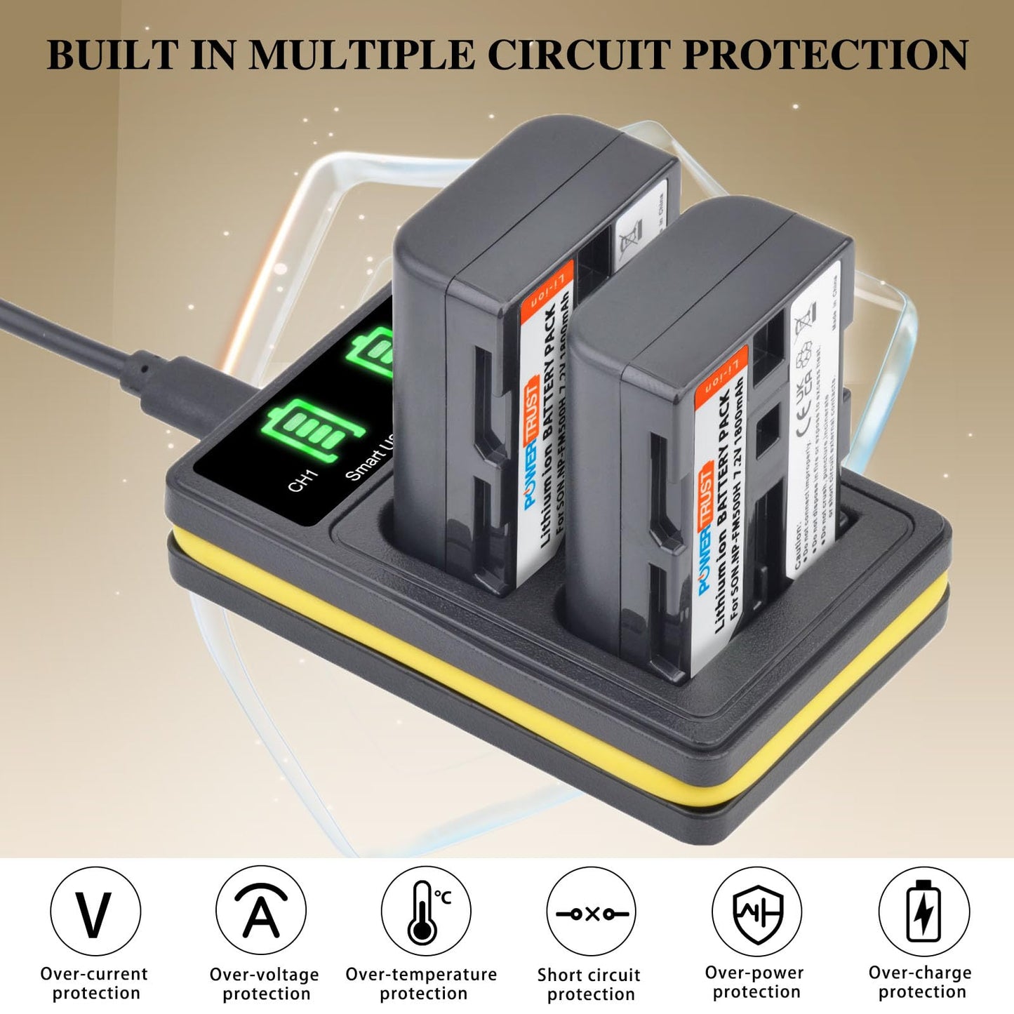 PowerTrust 2 Pack NP-FM500H Camera Battery and LCD USB Charger for Sony A57, A58, A65, A77, A99, A200, A350, A450, A550, A560, A700, A580, A900