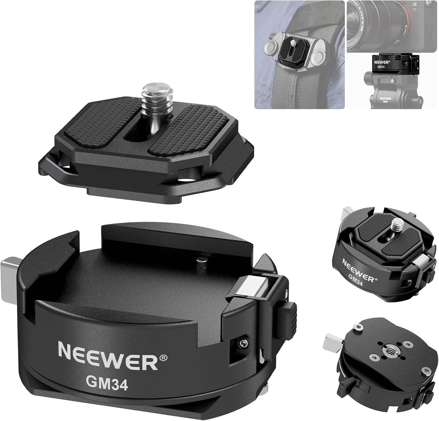 NEEWER GM34 Camera Quick Release Plate Kit, Quick Switch Auto Lock Square QR Mount Plate with Arca Type Clamp Base, Compatible with Arca Swiss Camera