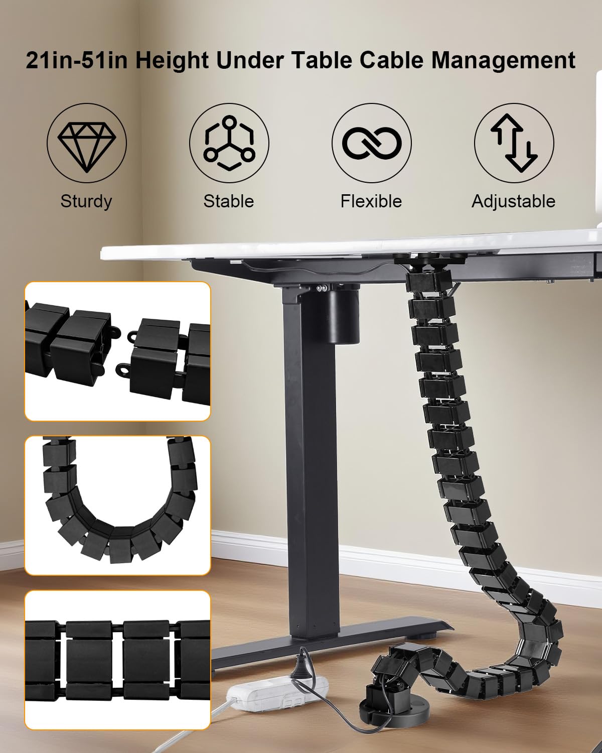 Under Desk Cable Management Vertebrae Fit for Sit Stand Desk Management, Magnetic Fixation Adjustable Length Cable Management Spinal, Flexible Chain