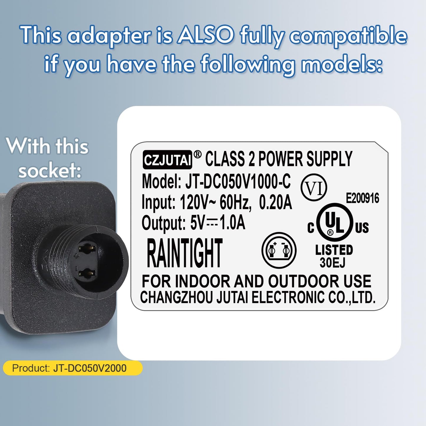 PremierAdapter 5V 2A CZJUTAI JT-DC050V2000 IP44 Low Voltage LED Driver US CA Plug Replacement for String Light, Projector Light, Fairy Lights (5V2A)