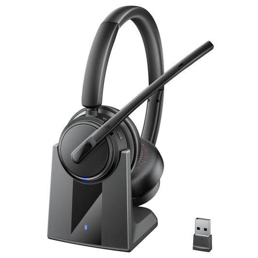 Mopchnic Wireless Headset with Noise Cancelling Microphone, On-Ear Bluetooth Headset with USB Dongle, Mute Function & Charging Base, Wireless