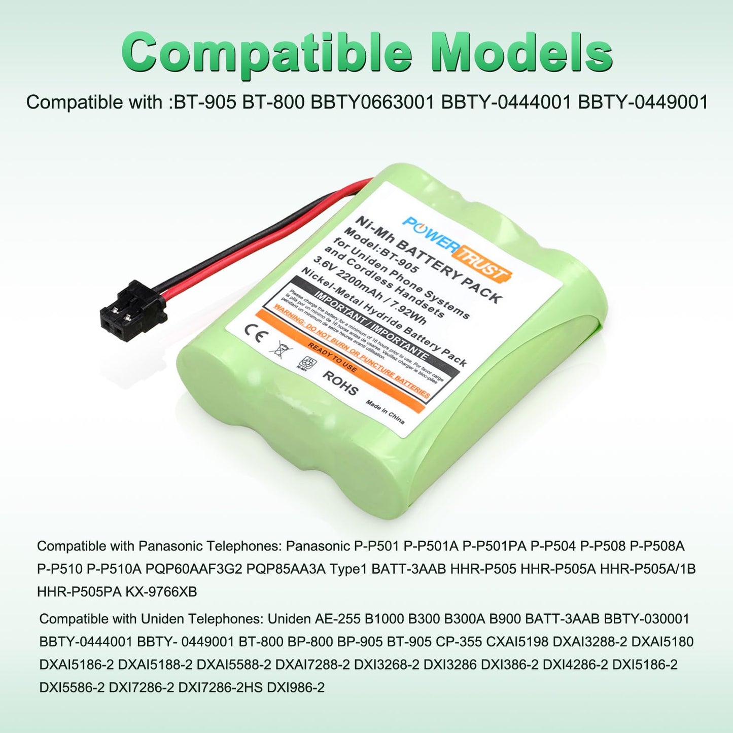 PowerTrust BT-905 Rechargeable Electric Batteries for BT905 BT800 BT-1006 BP-905 P-P501 BP-905BBTY-0444001 BBTY-0449001 Cordless Phone Battery