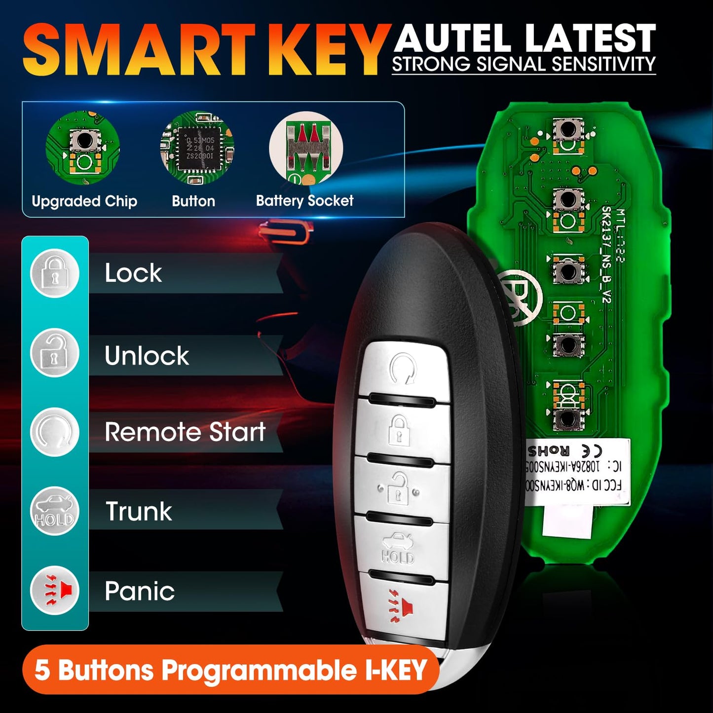 Autel MaxiIM IKEY Programmable Car Key, IKEYNS005AL Key Fob Replacement for Nissan, 5 Buttons Blank Key Work with Autel KM100(X) IM508S IM608S II