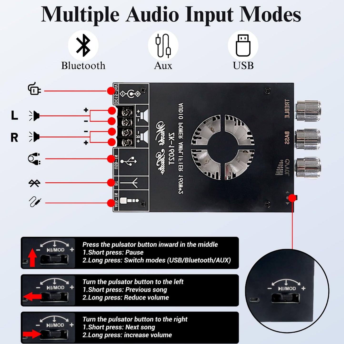 Audio Amplifier Board, 160W+160W 2.0 Channel Amp Board with Treble and Bass Control, ZK-1602T Bluetooth 5.0 Amplifier Board, Stereo Mini Amplifier