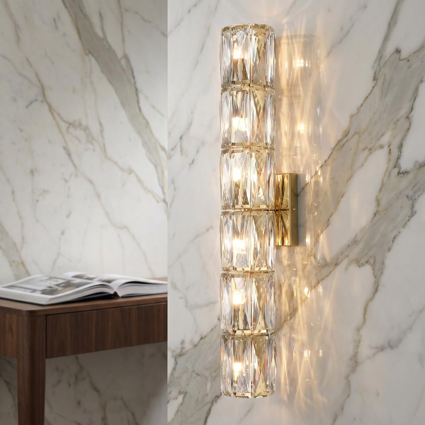 SAMTEEN 24-Inch Crystal Wall Sconce Gold Sconces Wall Lighting Mid-Century Modern 6-Light Luxury Brass Glass Wall Light Fixture for Bedroom Hallway