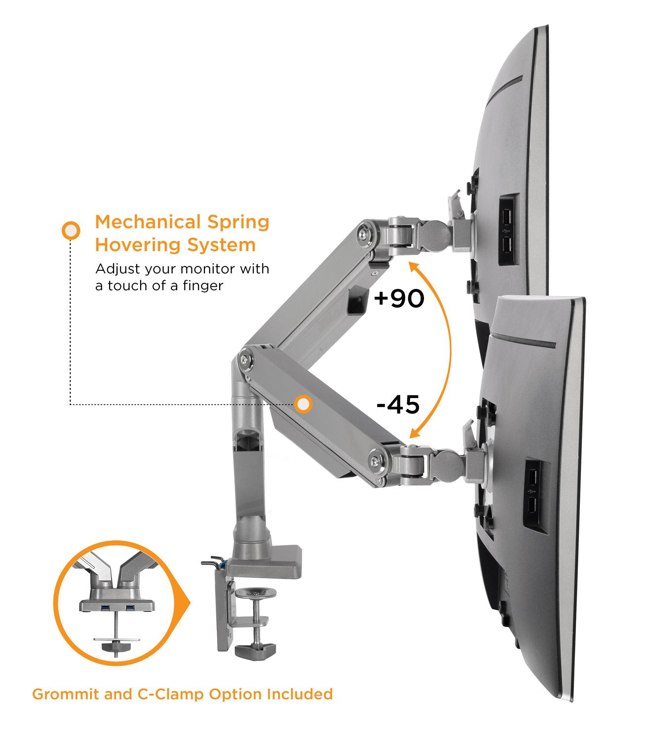 Mount-It! Dual Monitor Desk Mount with USB 3.0 Ports, Full Motion Dual Monitor Stand for 2 Screens up to 32 Inches, VESA 75x75 & 100x100, Clamp or