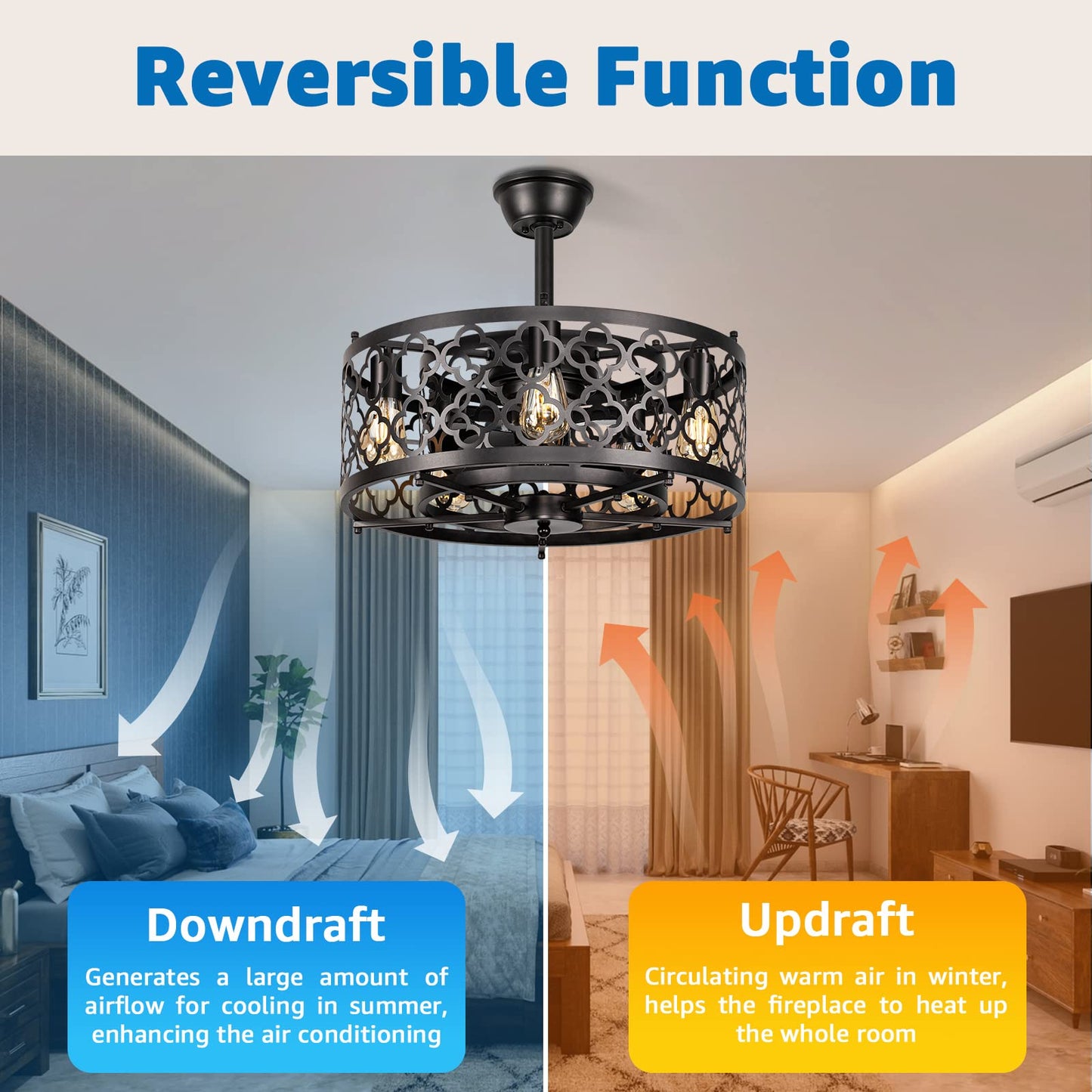 SUNVIE Caged Ceiling Fan with Lights Remote Control 21in Industrial Bladeless Enclosed Ceiling Fan Light with Reversible Motor for Bedroom Kitchen