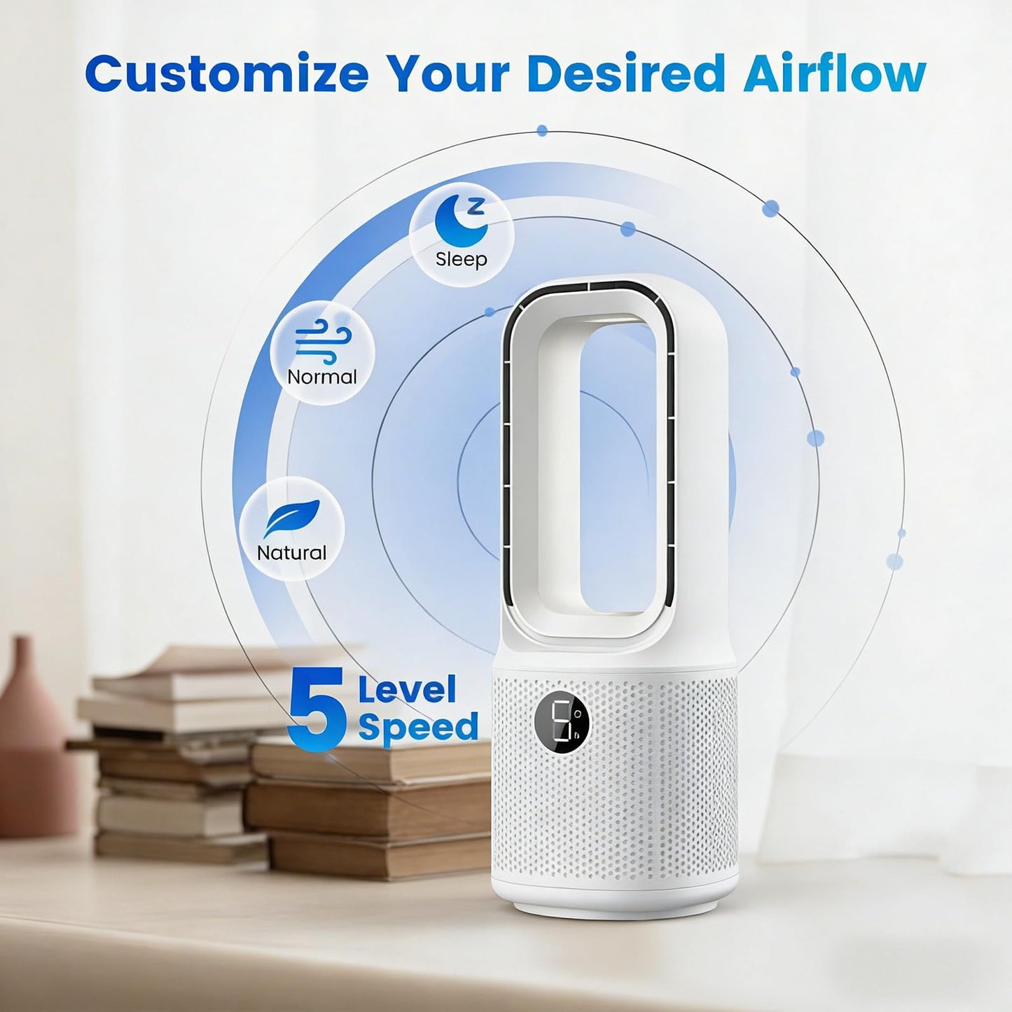 Misby 13 Inch Desk Fan, Bladeless Table Fan with Night Light, 5 Speeds, 70° Oscillating Fan and Timer, Small Quiet Desktop Fan for Nightstand