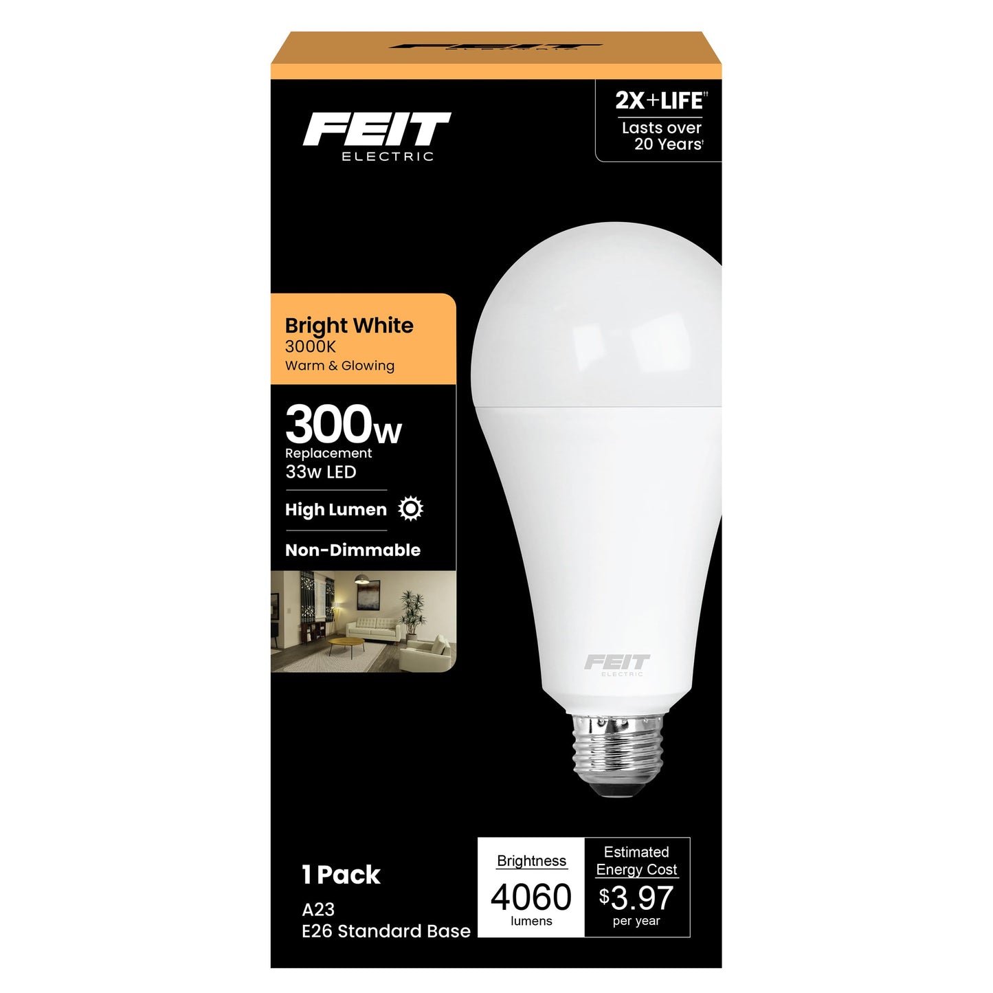 Feit Electric A23 LED Light Bulb, 300W Eq, Bright White
