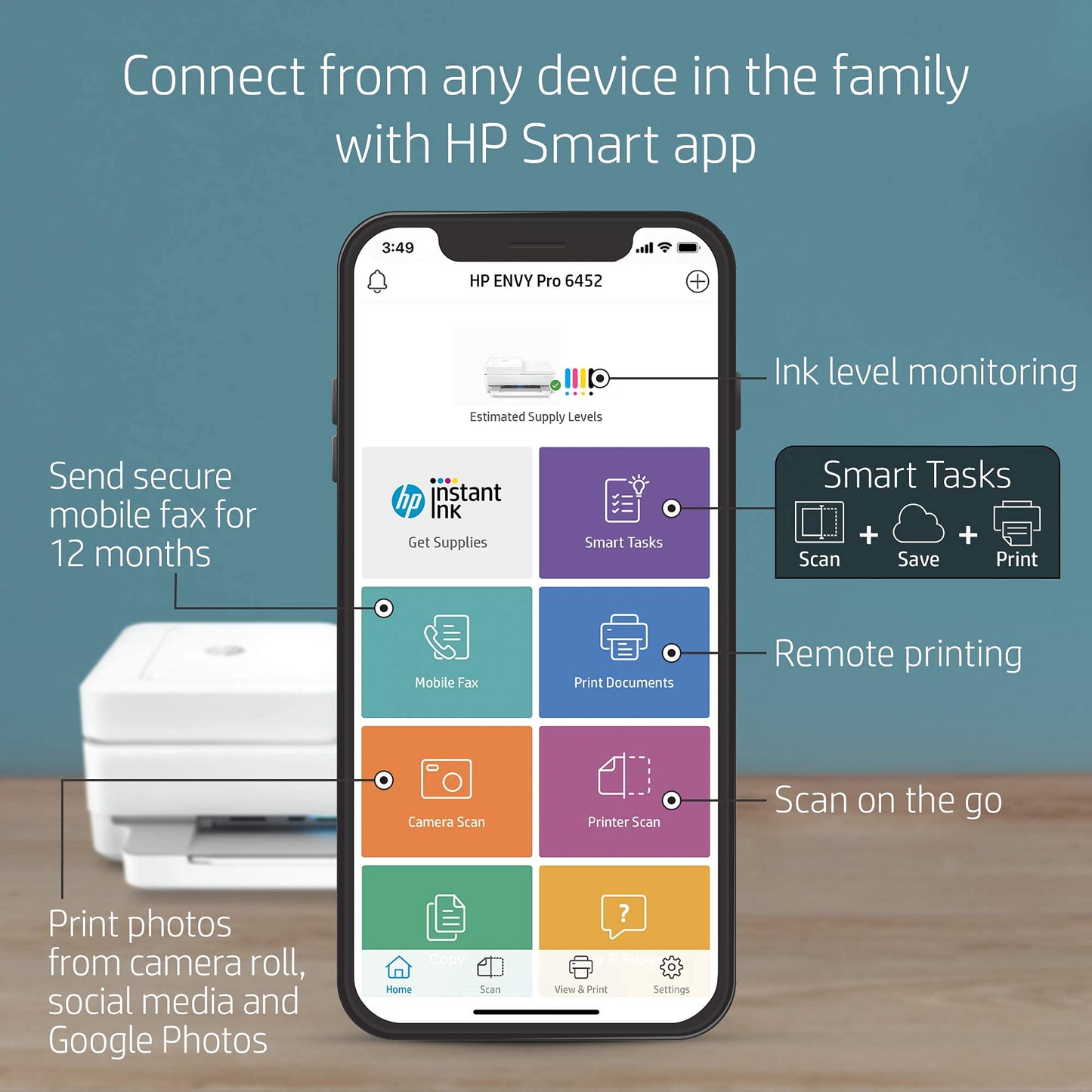 HP Envy Pro 6452 Wireless All-in-One Color Inkjet Printer, Mobile Print, Scan & Copy, Instant Ink Ready, 5SE47A (Renewed)