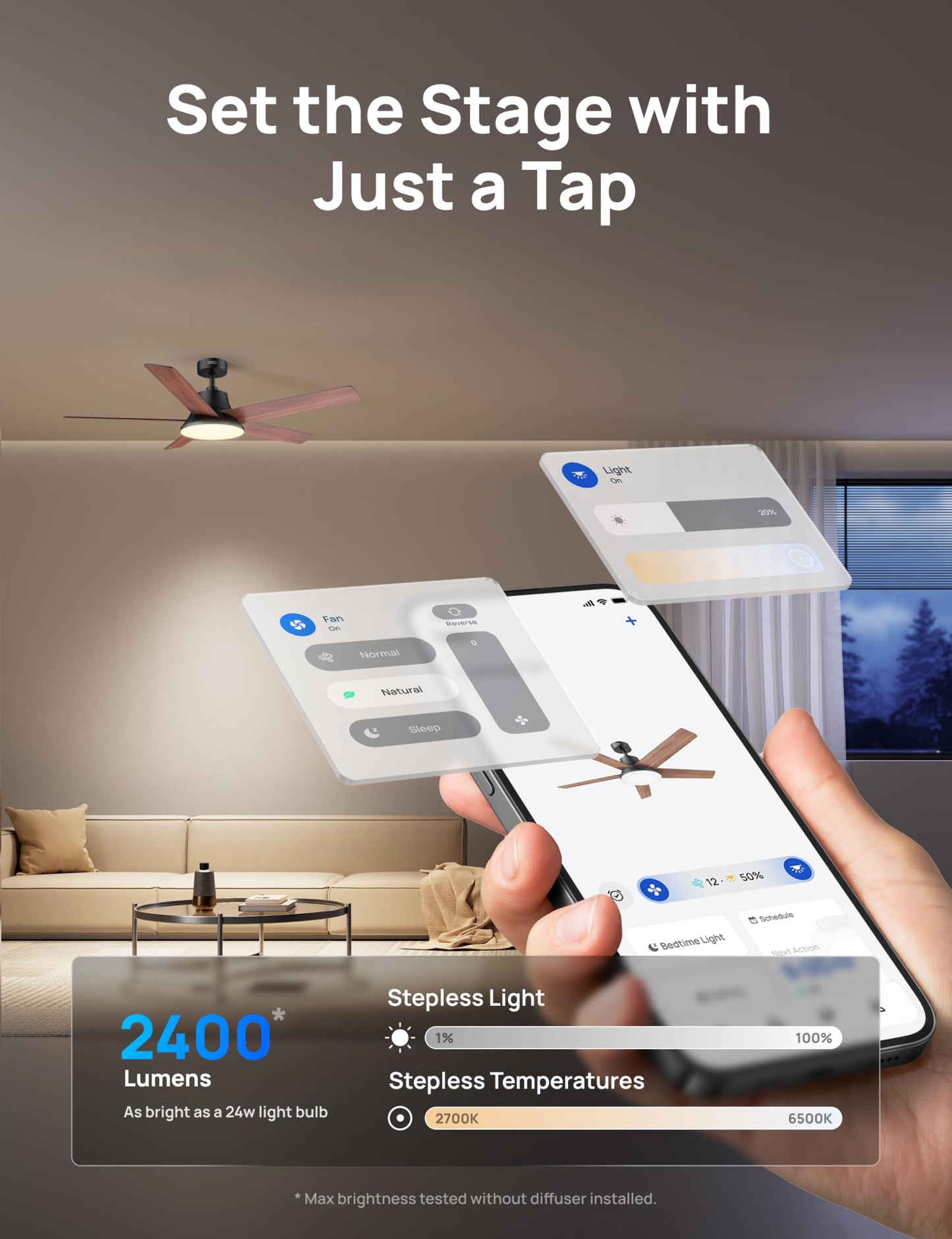 DREO Smart Ceiling Fan with Lights, 52 Inch, 12 Speeds & 3 Fan Modes, Stepless, Dimmable LED Light, Timer, 22dB Quiet DC Motor, Remote/APP/Alexa