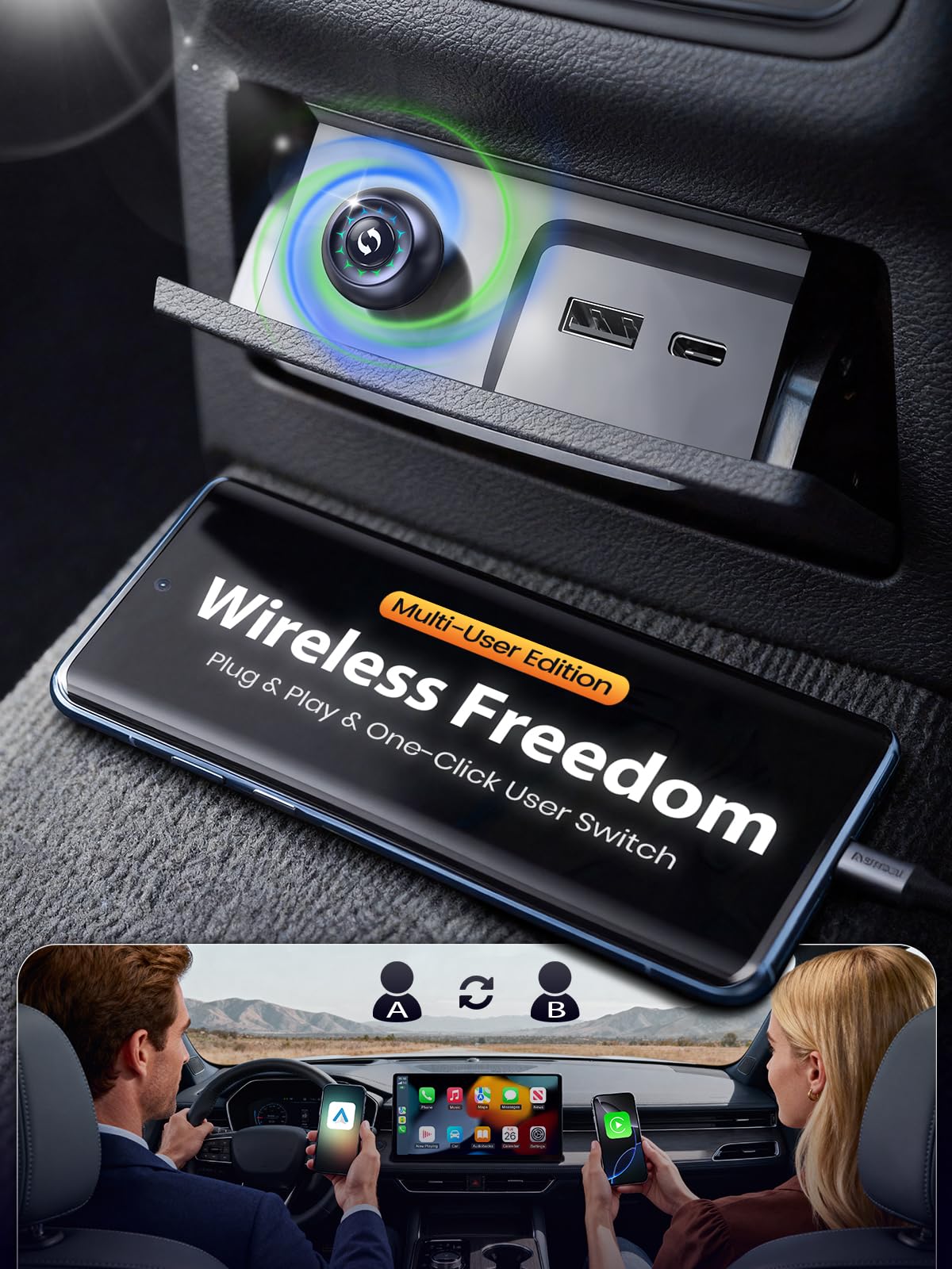 Wireless CarPlay Adapter & Android Auto Adapter, One-Click User Switch, Fast & Stable, Converts Wired to Wireless, Stable Connection Car Play Dongle