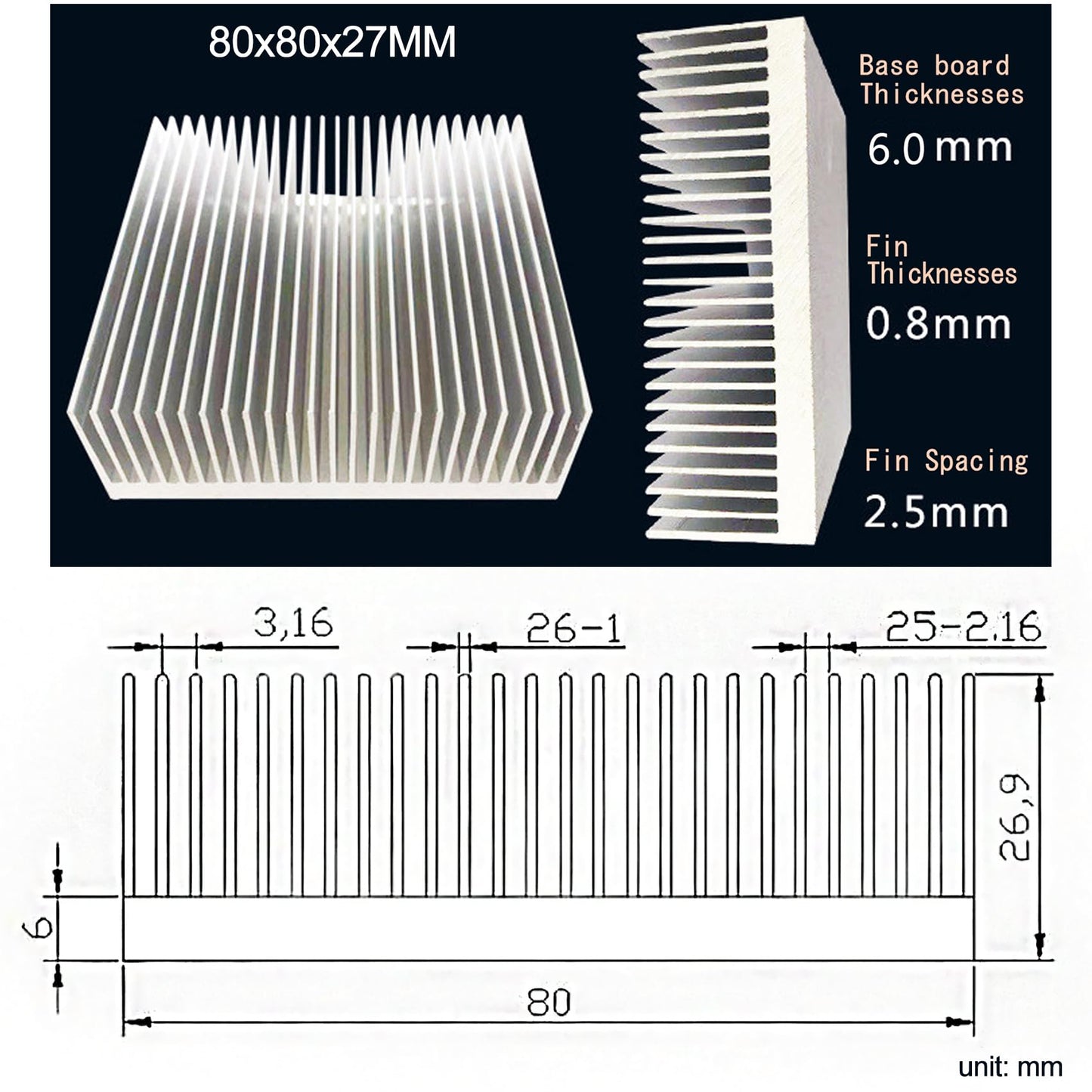 Awxlumv 80mm Aluminum Heat Sink 80x80x27mm /3.15"x3.15"x1.06" Large Heatsink Sync Circuit Board Cooler 26 Fins for Routers PCHs ICS Amplifiers