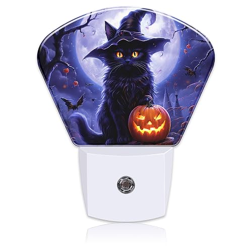 Uiaoiais Black Cat with Witch Hat Night Light for Kids Girls Boys, Halloween Pumpkin LED Night Light Plug into Wall with Dusk to Dawn Sensor