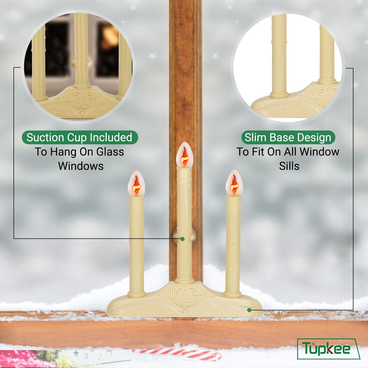 Tupkee Christmas Candolier Window Candles - with Flickering Bulbs - 3-Lights Indoor - Flameless Electric Window Candles Candelabra
