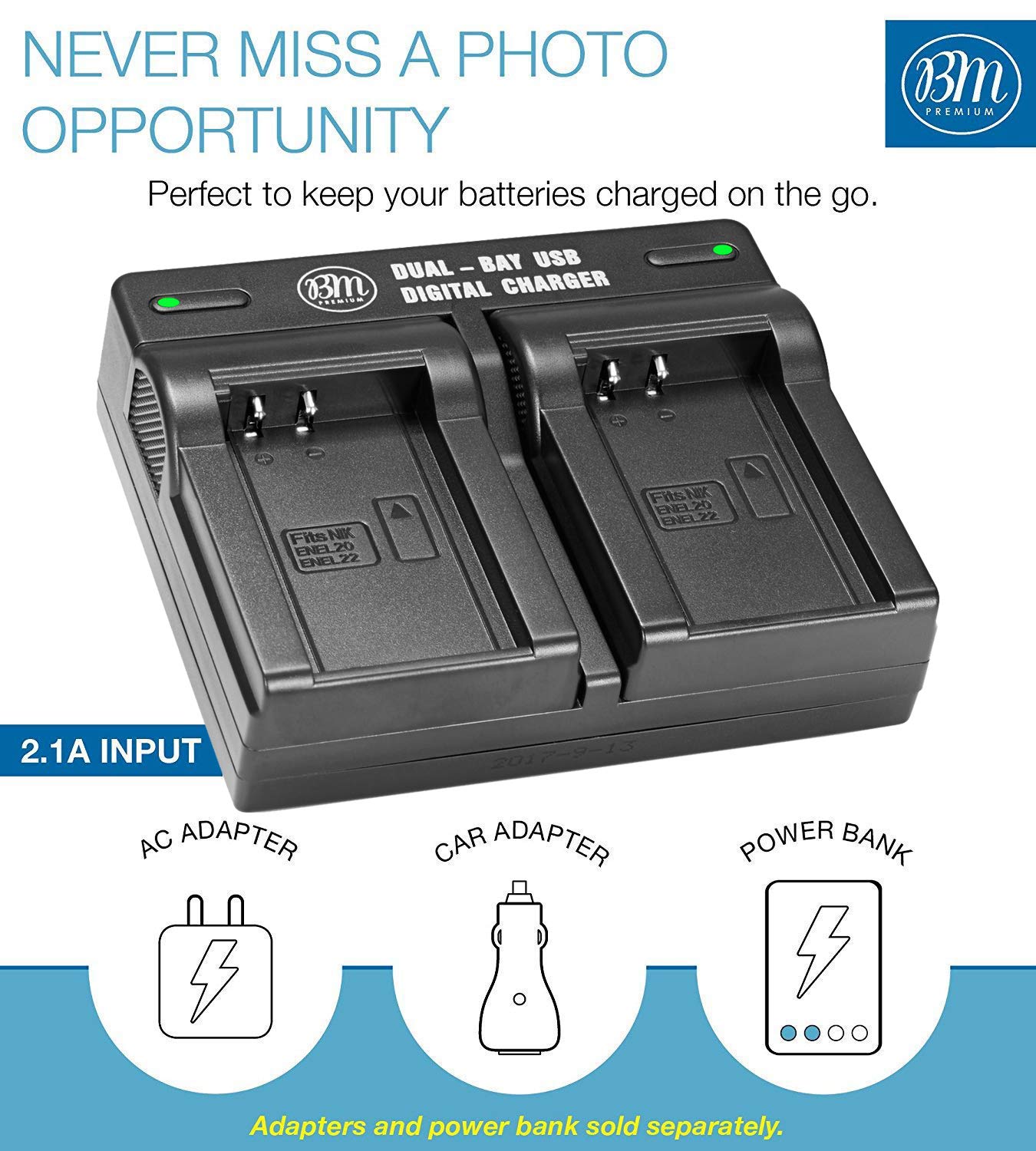 BM Premium EN-EL24 Dual Battery Charger for Nikon 1 J5, DL18-50, DL24-85 Digital Camera