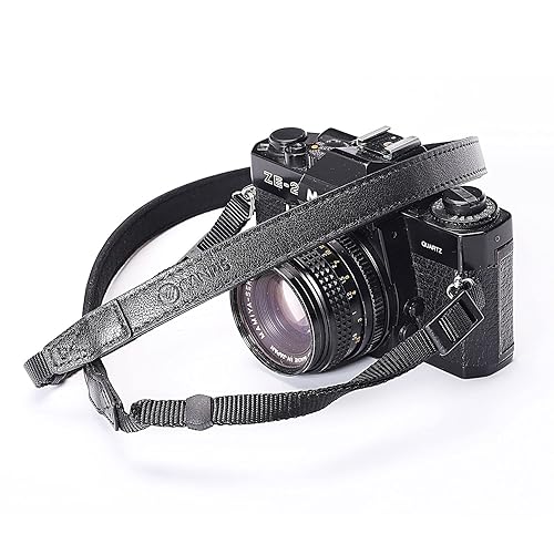 CANPIS CP008 Leather Camera Shoulder Neck Strap compatible with Canon Nikon Leica Fuji Sony Olympus etc. Black Color, Adjustable Length, Slim