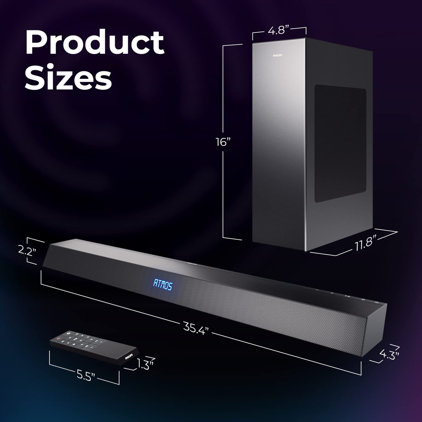 PHILIPS B8405 Soundbar 2.1 with Wireless Subwoofer, Dolby Atmos, Stadium EQ Mode, DTS Play-Fi Compatible, Connects with Amazon Echo Devices and Voice