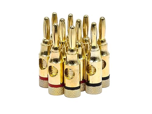 Monoprice 109437 5PRJX74047 Gold Plated Speaker Banana Plugs - 5 Pairs - Open Screw Type, For Speaker Wire, Home Theater, Wall Plates And More