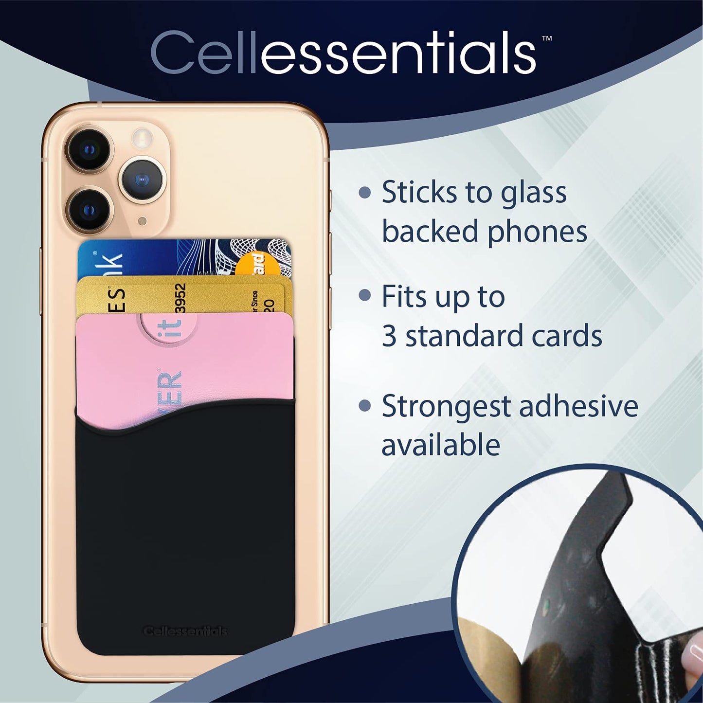 Cellessentials USA Merchant Redesigned Card Holder - Silicone Stick on Cell Phone Wallet with Pocket for Credit Card ID Business Card - iPhone Android