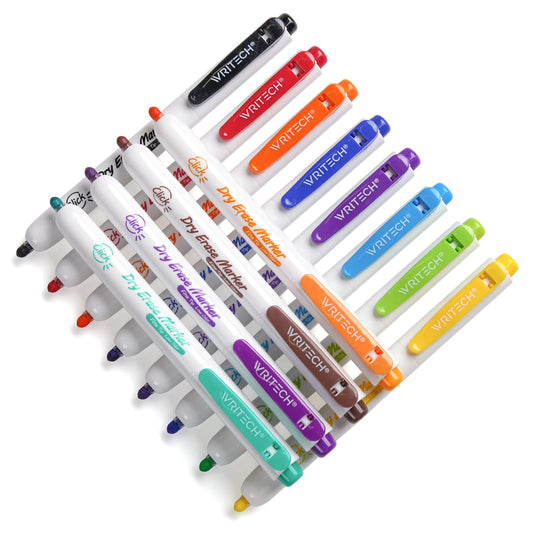 WRITECH Retractable Dry Erase Markers: Fine Tip Assorted Color Low Odor Multi Colored Set Refillable Clickable Multicolor Thin Point Whiteboard Marker