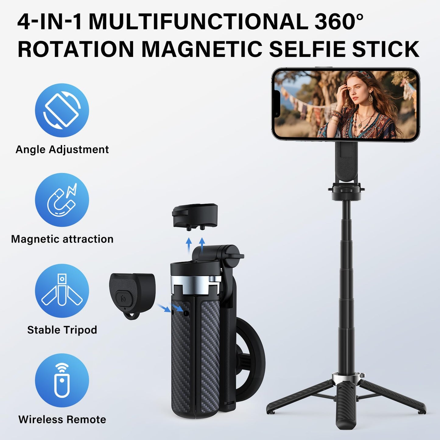 NKDFRI Opticnock 4-in-1 Magnetic Selfie Stick for iPhone/Android - 360° Rotatable, Extendable with Wireless Remote | Pocket Size | Includes Phone Ring