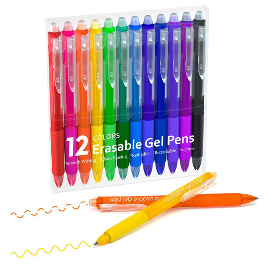 Lineon Erasable Gel Pens, 12 Colors Retractable Erasable Pens Clicker, Fine Point, Make Mistakes Disappear, Assorted Color Inks for Drawing Writing