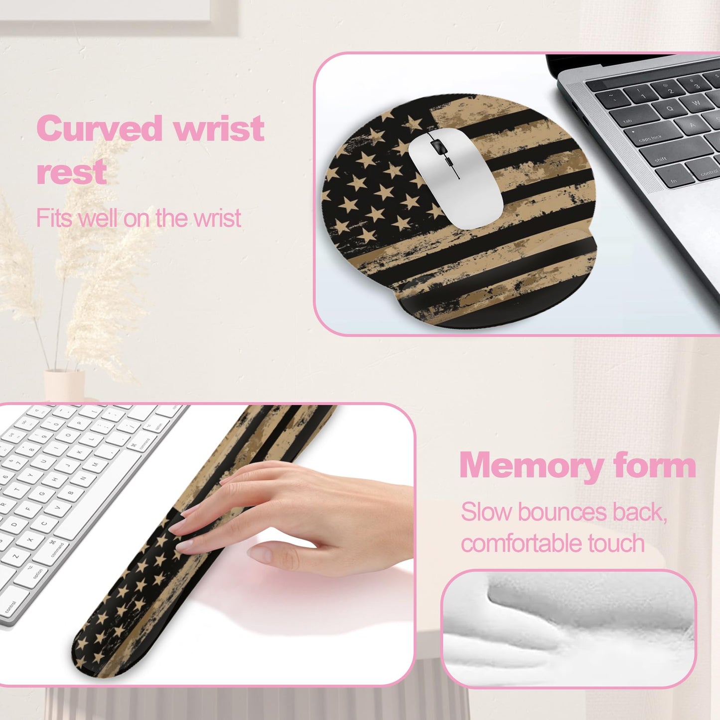 Retro Flag Ergonomic Wrist Support Keyboard Mouse Wrist Rest Set, Computer Office Comfortable Wrist Rest for Mouse Easy Typing