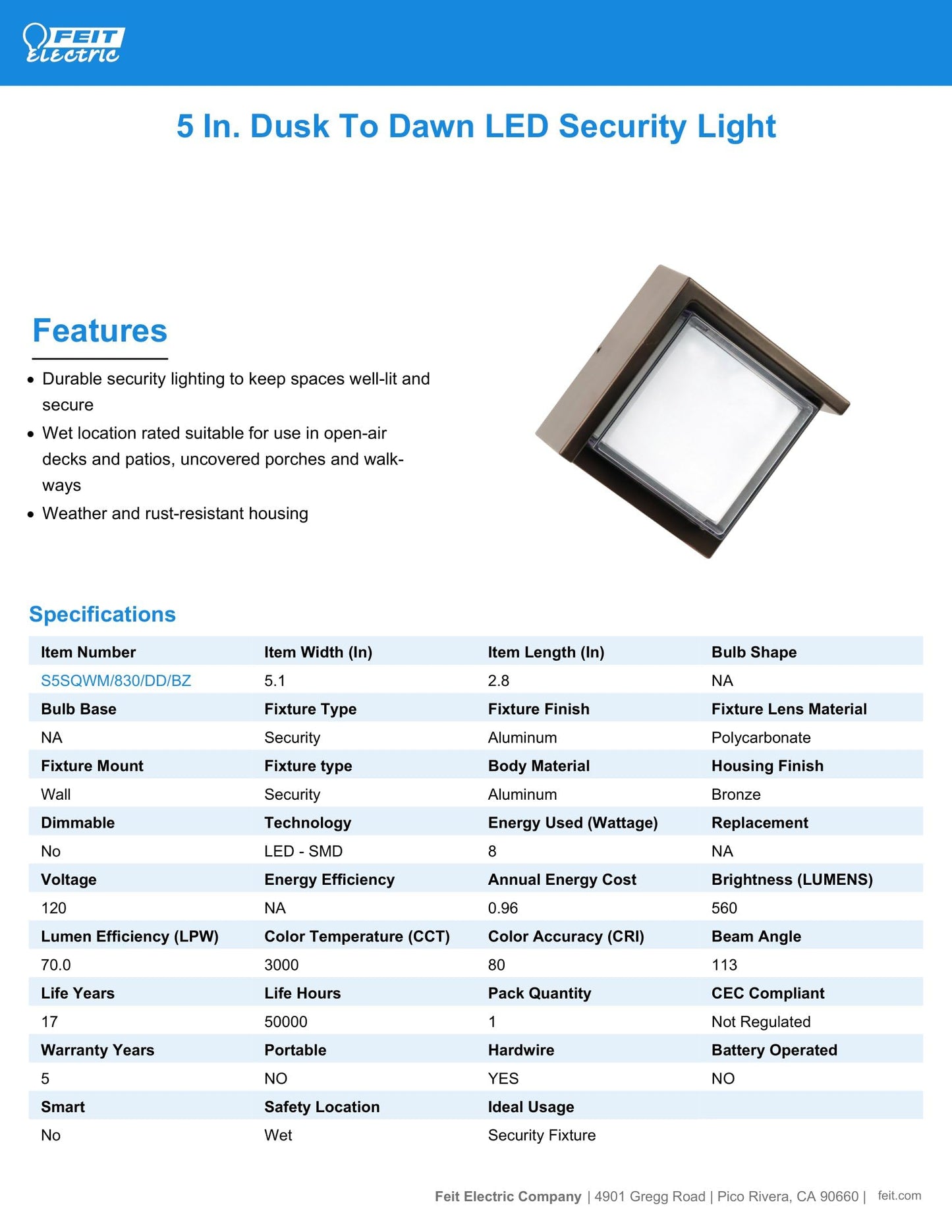Feit Electric S5sqwm/830/Ddbz 7.5 Watt 500 Lumen 3000 Kelvin Bronze Dusk to Dawn Square Led Wall Light