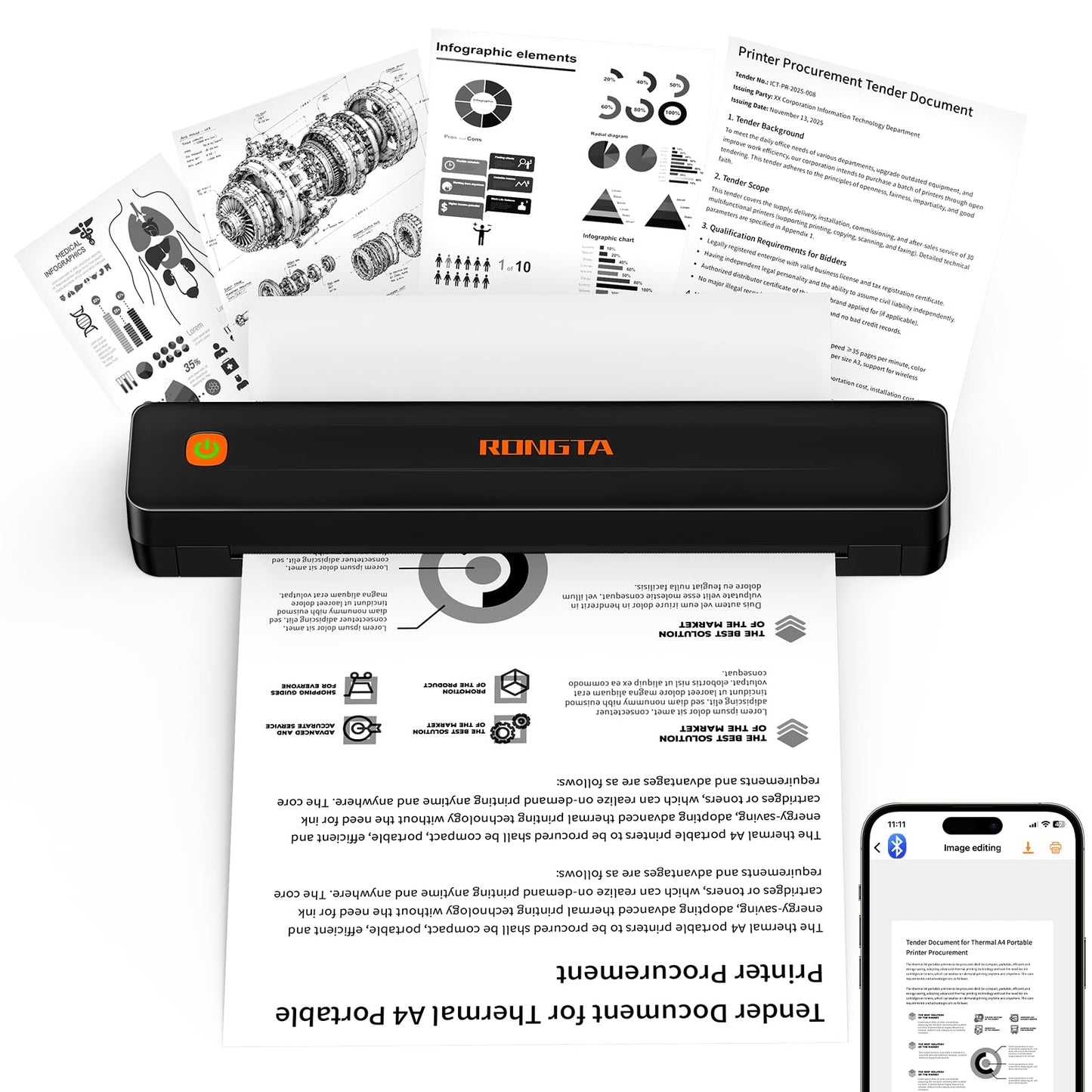 Rongta Thermal Portable Printers Wireless for Travel, Bluetooth Mobile Printer, Inkless Printer for School/Office/Home Use, Compatible