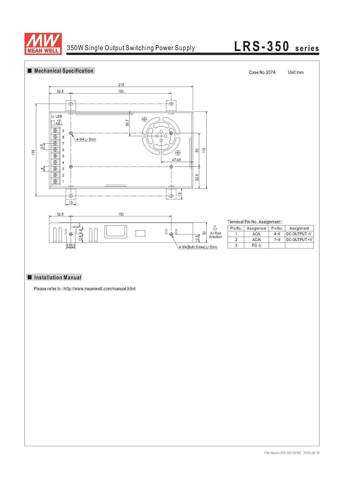 [Enclosed Type/LRS-350 Series/Industrial Use] Mean Well LRS-350-12 350W Single Output Switching Power Supply(12V 29A)