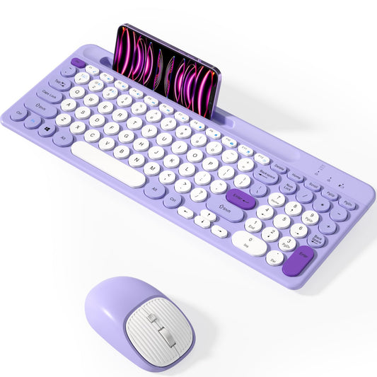 Bluetooth Keyboard and Mouse Wireless, Multi-Device Rechargeable Keyboard and Mouse Combo with Phone Holder (Bluetooth 5.0+3.0+2.4GHz) Quiet Ergonomic