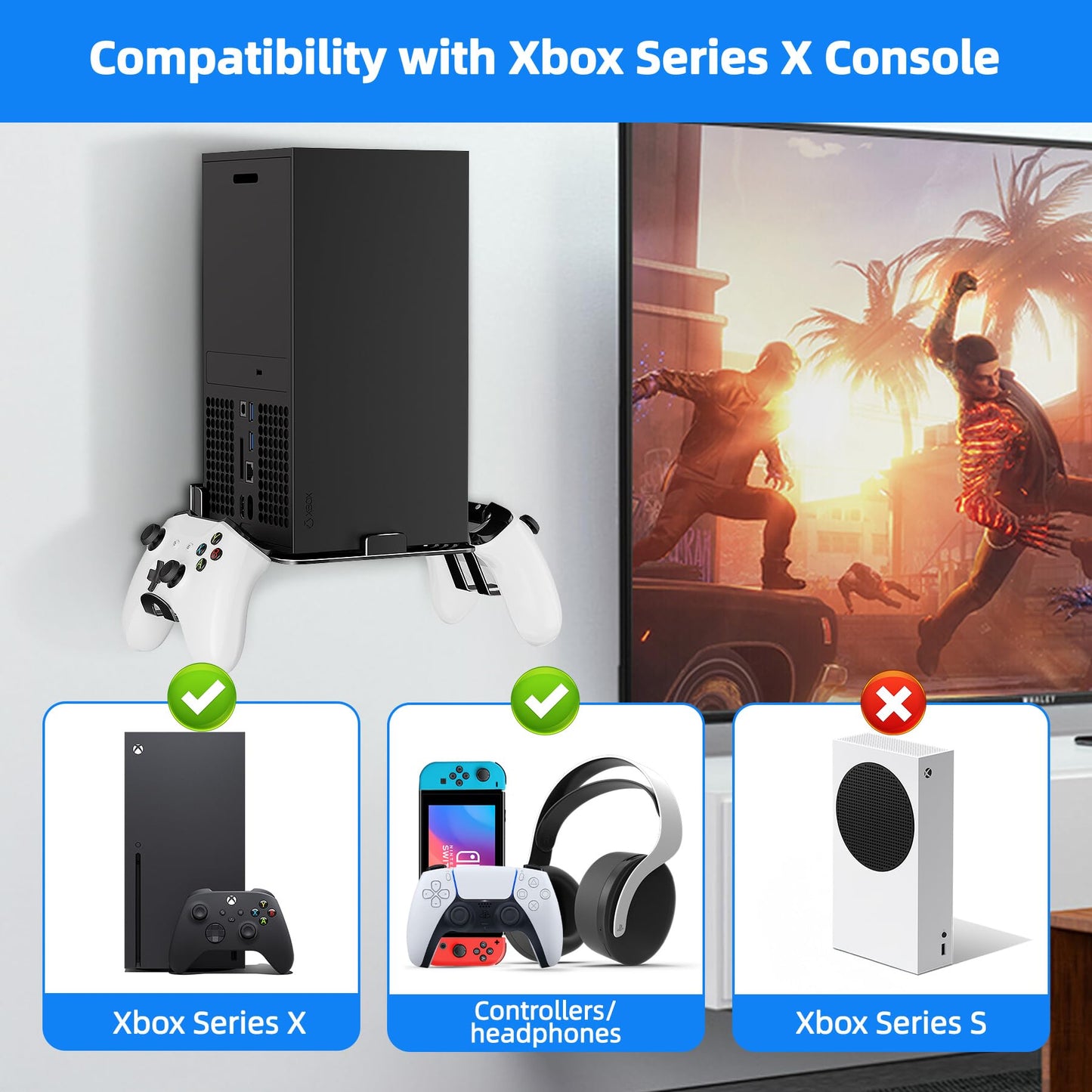ANSHAWTIY Aluminium Alloy Wall Mount for Xbox Series X Wall Mount Kit for Xbox Series X Accessories with 2 Controller Stand, Ventilation Design Wall