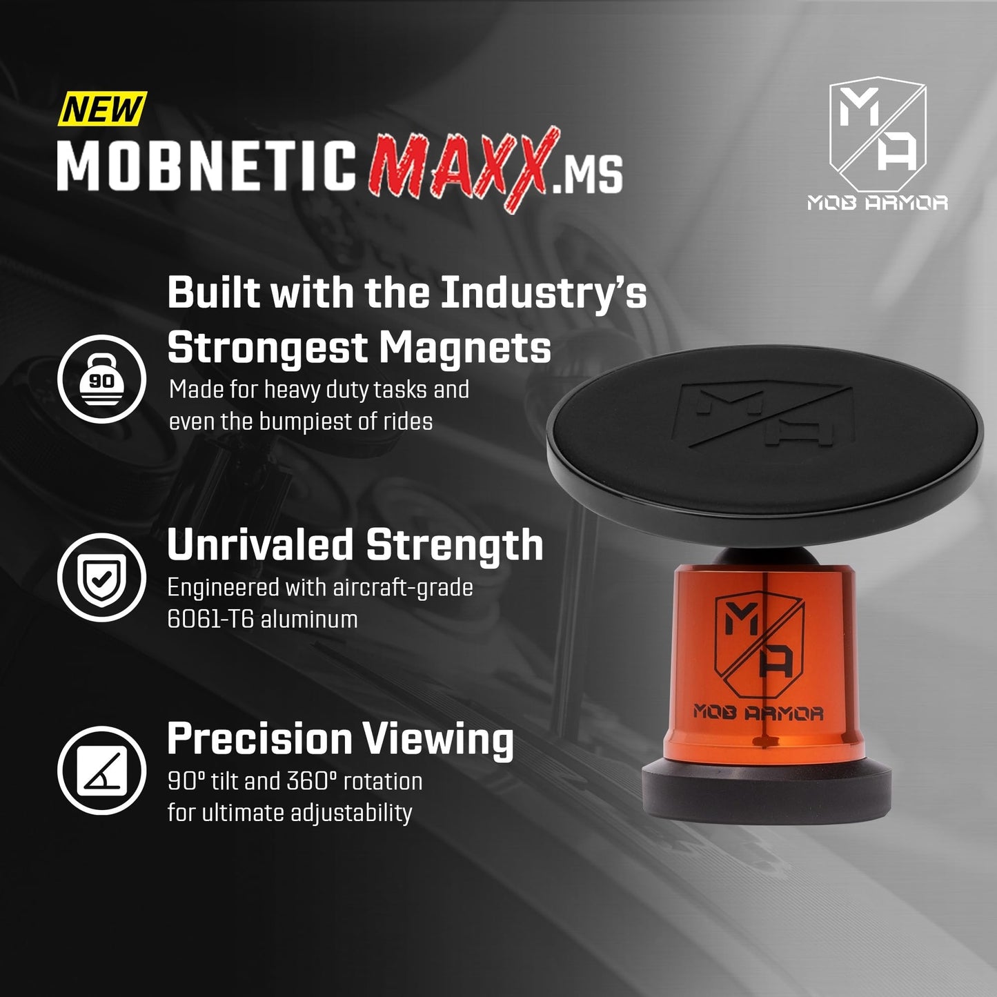Mob Armor MobNetic Maxx MS - MagSafe Compatible Car Phone Mount w/ 90º Tilt, 360º Rotation & Durable Aluminum Build, Magnetic Holder for iPhone