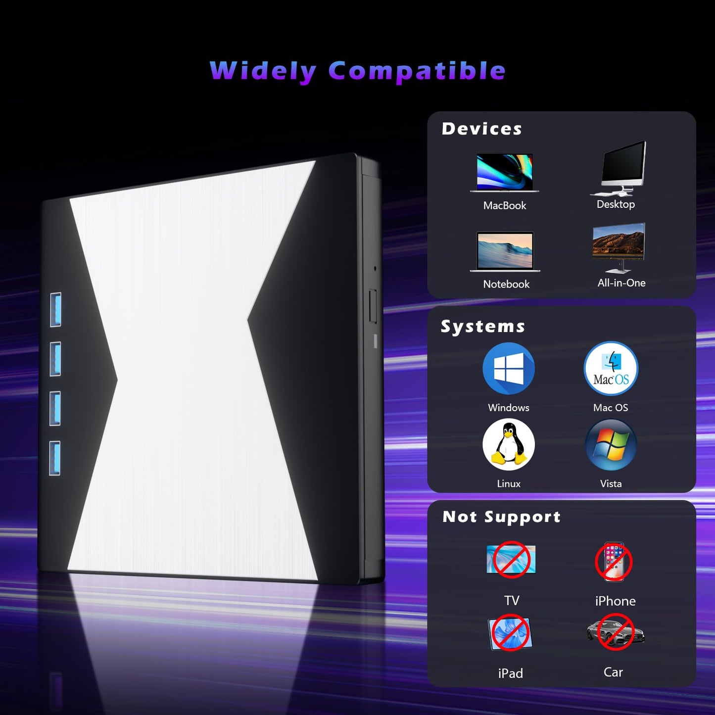 Wbacon External CD/DVD Drive for Laptop, DVD Player for Laptop, 8 in 1 Ultra-Slim CD Burner with 4 USB Ports and 2 TF/SD Card Slots, External Disk