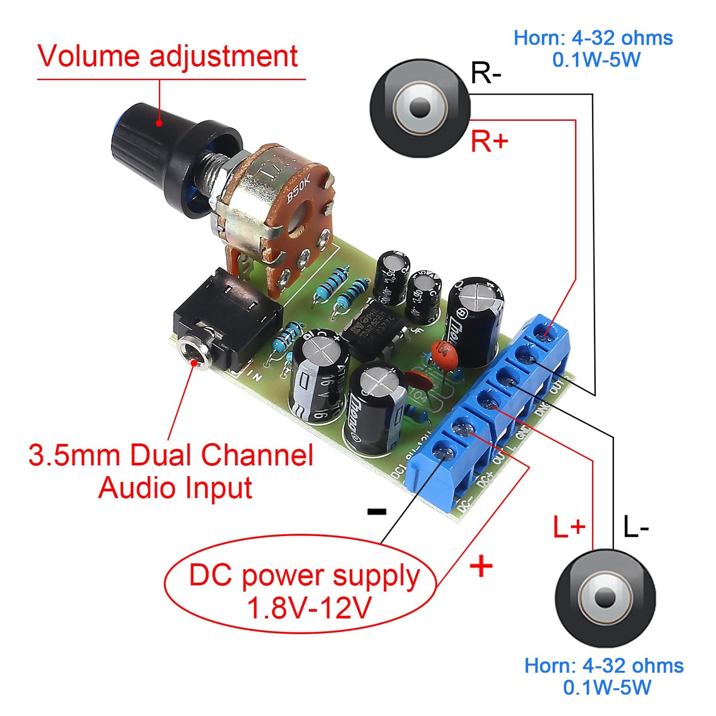 QCCAN 4pcs TDA2822M Audio Amplifier Board 2.0 Channel Stereo AMP Mini AUX Audio Amplifier Module DC1.8-12V