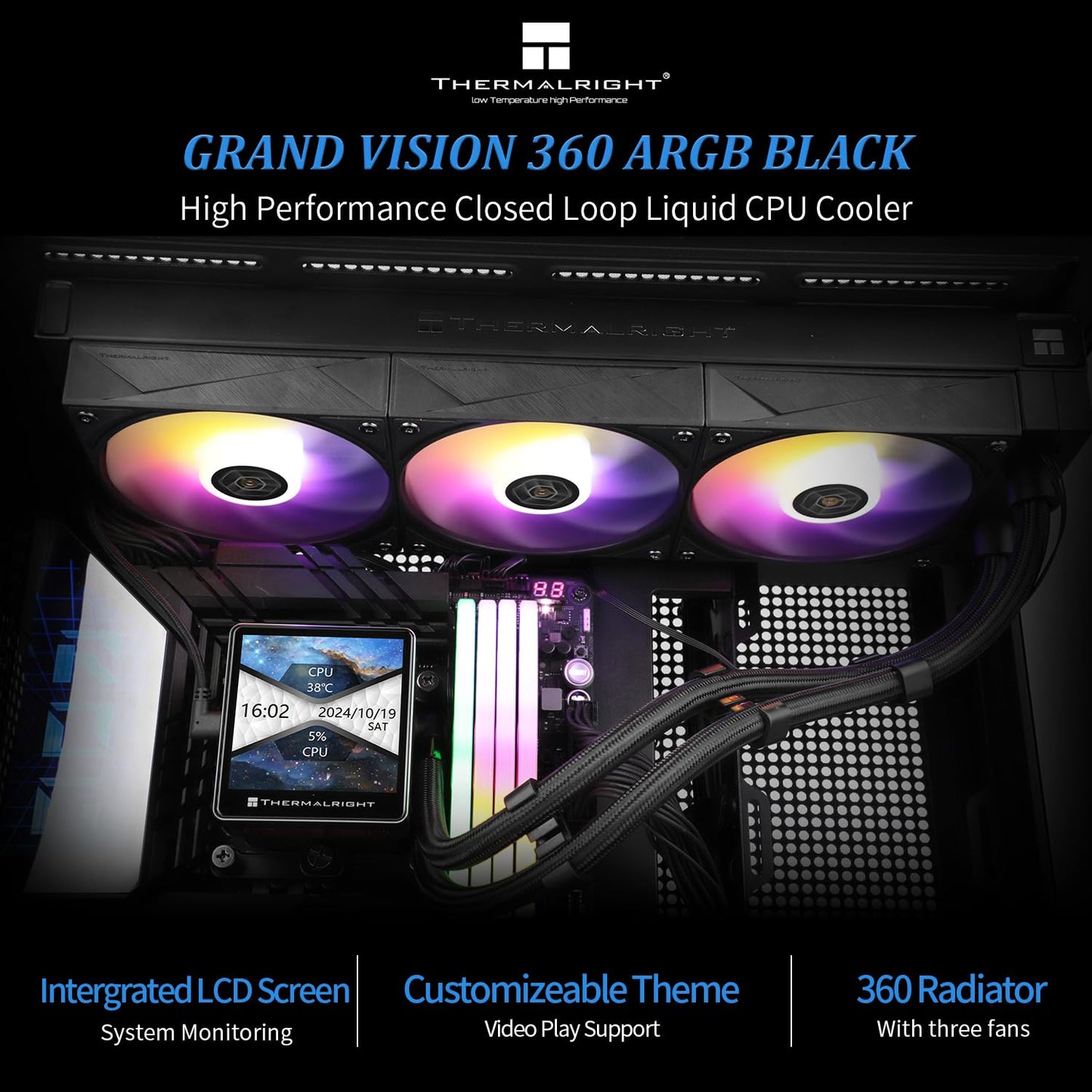 Thermalrlght Grand Vision 360 ARGB Black CPU AIO Cooler,PC 360 Specification Water Cooler System,IPS LCD Screen with 480x480 Resolution,for