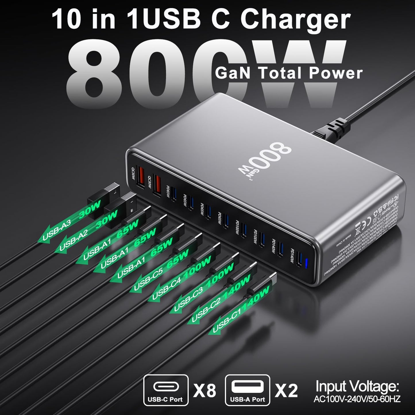 800W USB C Charger,GaN 10 Ports USB Charger,Multiple Plug Fast Charger Laptop Charger,PD Power Adapter Compatible with MacBook