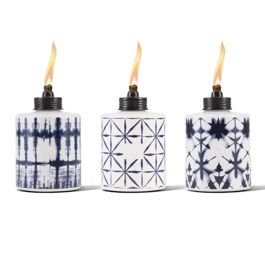 TIKI Glass Tie-Dye Tabletop Torches, 3-Pack - Decorative Outdoor TIKI Torches for Patio, Backyard & Garden - Portable Tabletop Citronella Torches