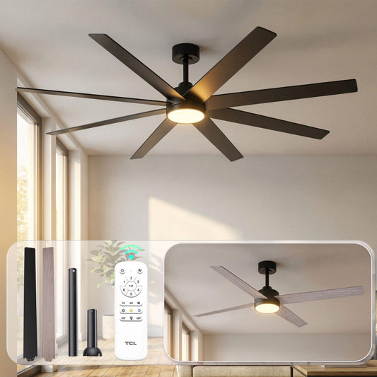 TCL 72 Inch Large Black Ceiling Fans with Lights and Remote