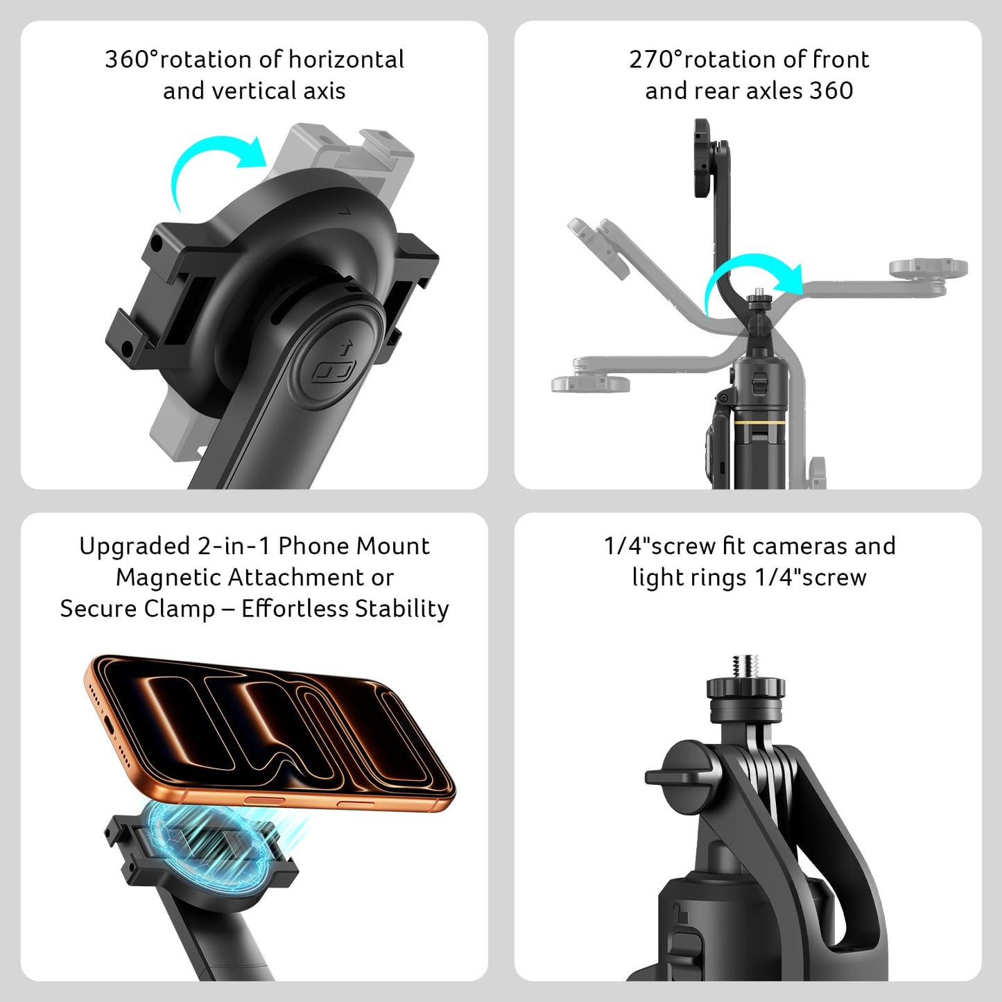 Acer Gadget Auto Face Tracking Tripod for iPhone - Magnetic Phone Mount Gesture Control Detachable Mini Ring Light 64" 360 Degree AI Tracking Phone