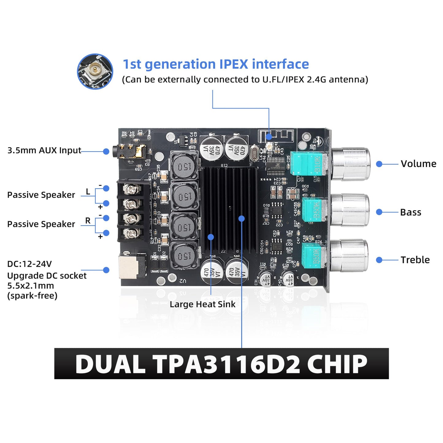 ZK-1002T Bluetooth Amplifier Board 2.0 Channel 100W×2 Class D Audio Amp, TPA3116D2, AUX & Bluetooth Input, DC 12-24V for DIY Speakers with Antenna
