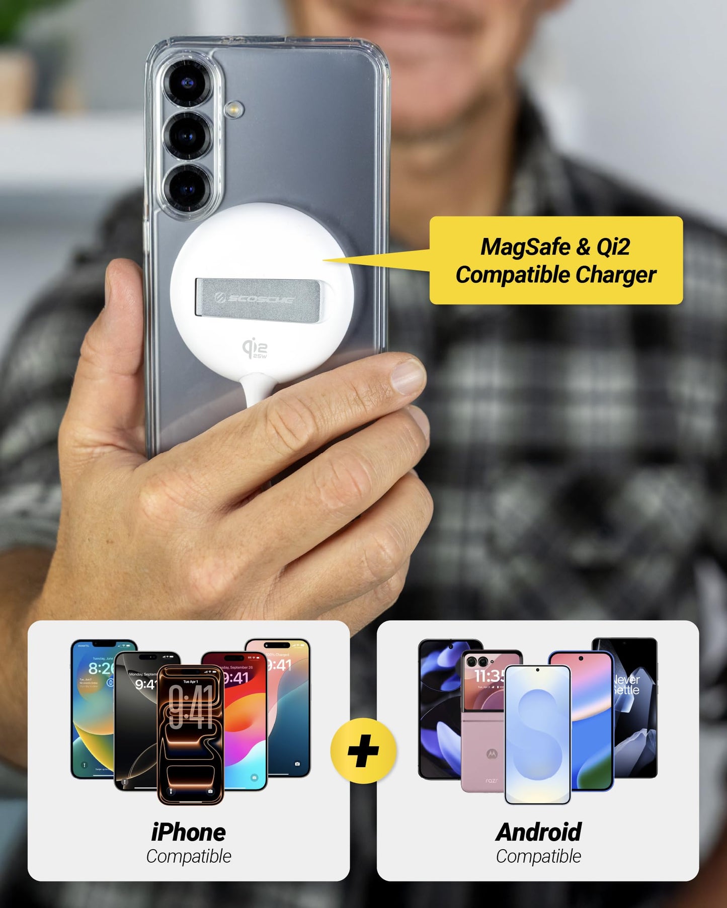 Scosche 25W Qi2 MagSafe Wireless Charger with Kickstand, Magnetic Fast Wireless Charging Pad with 6ft USB-C Cable for Hands-Free Viewing, Compatible